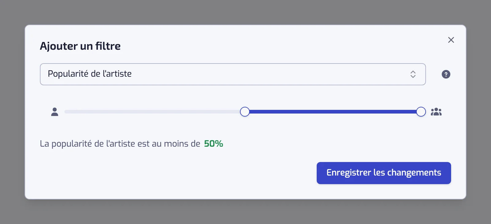 La boîte de dialogue du filtre Popularité de l'artiste avec son curseur à deux poignées réglé sur 50 et 100