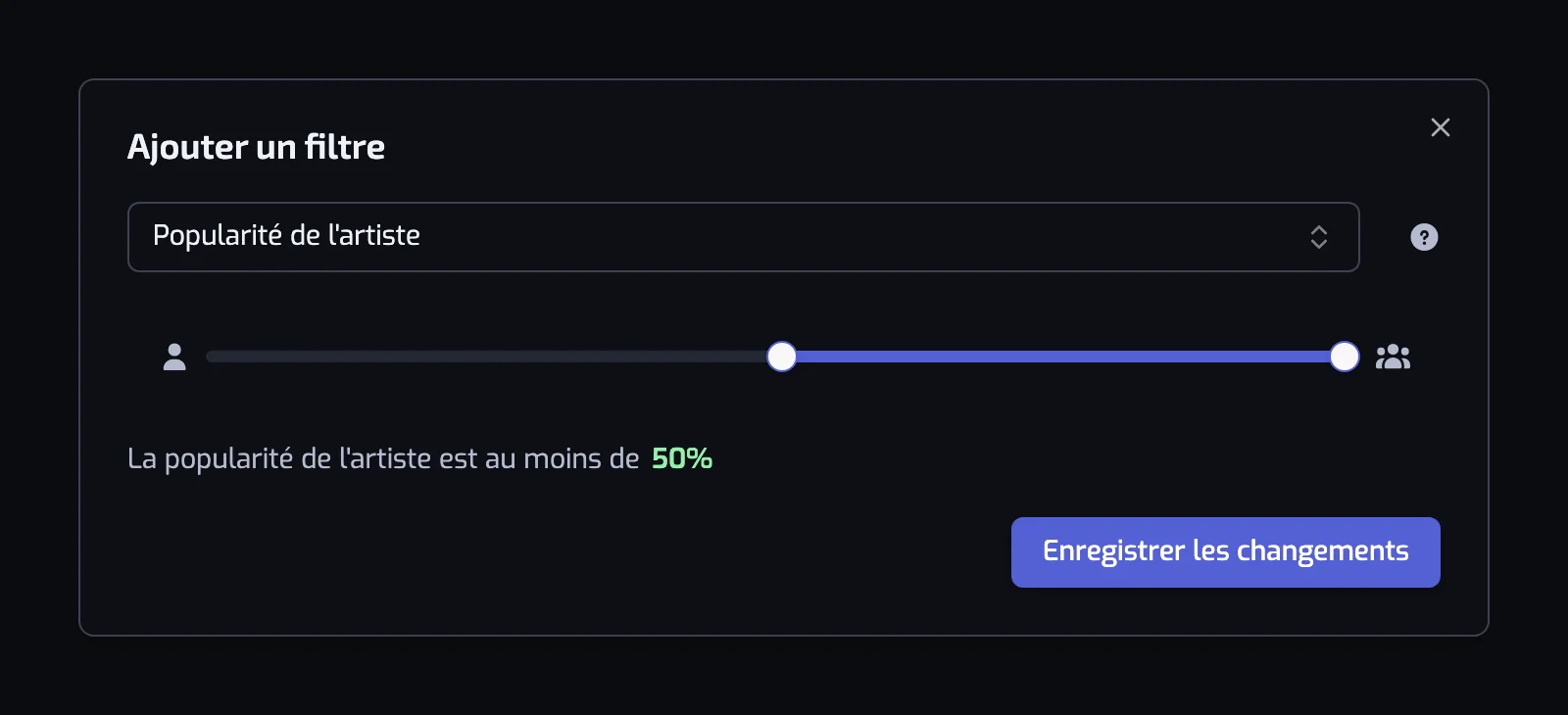 La boîte de dialogue du filtre Popularité de l'artiste avec son curseur à deux poignées réglé sur 50 et 100