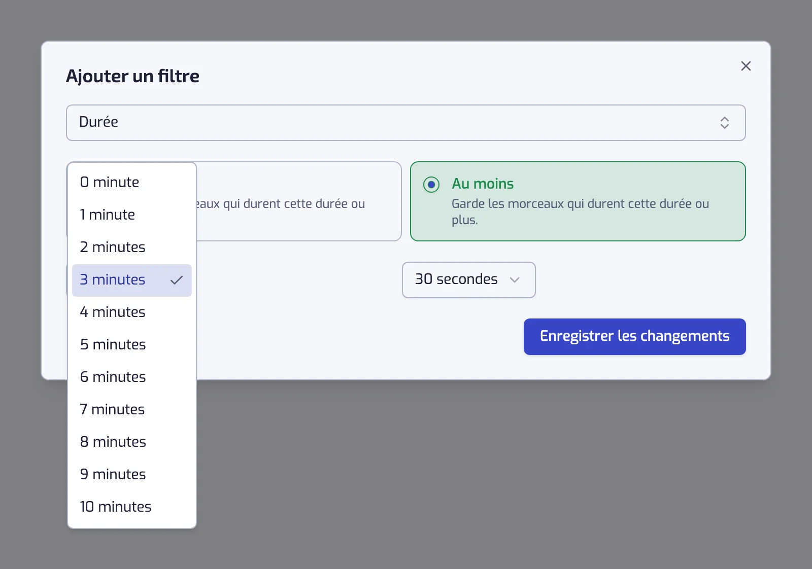 La boîte de dialogue du filtre Durée avec les cartes Au moins et Au plus, la liste des minutes ouverte à côté du contrôle des secondes
