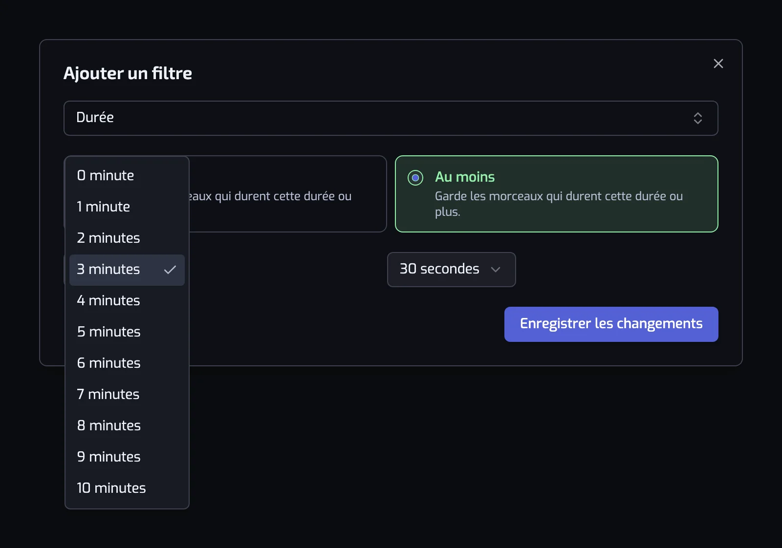 La boîte de dialogue du filtre Durée avec les cartes Au moins et Au plus, la liste des minutes ouverte à côté du contrôle des secondes