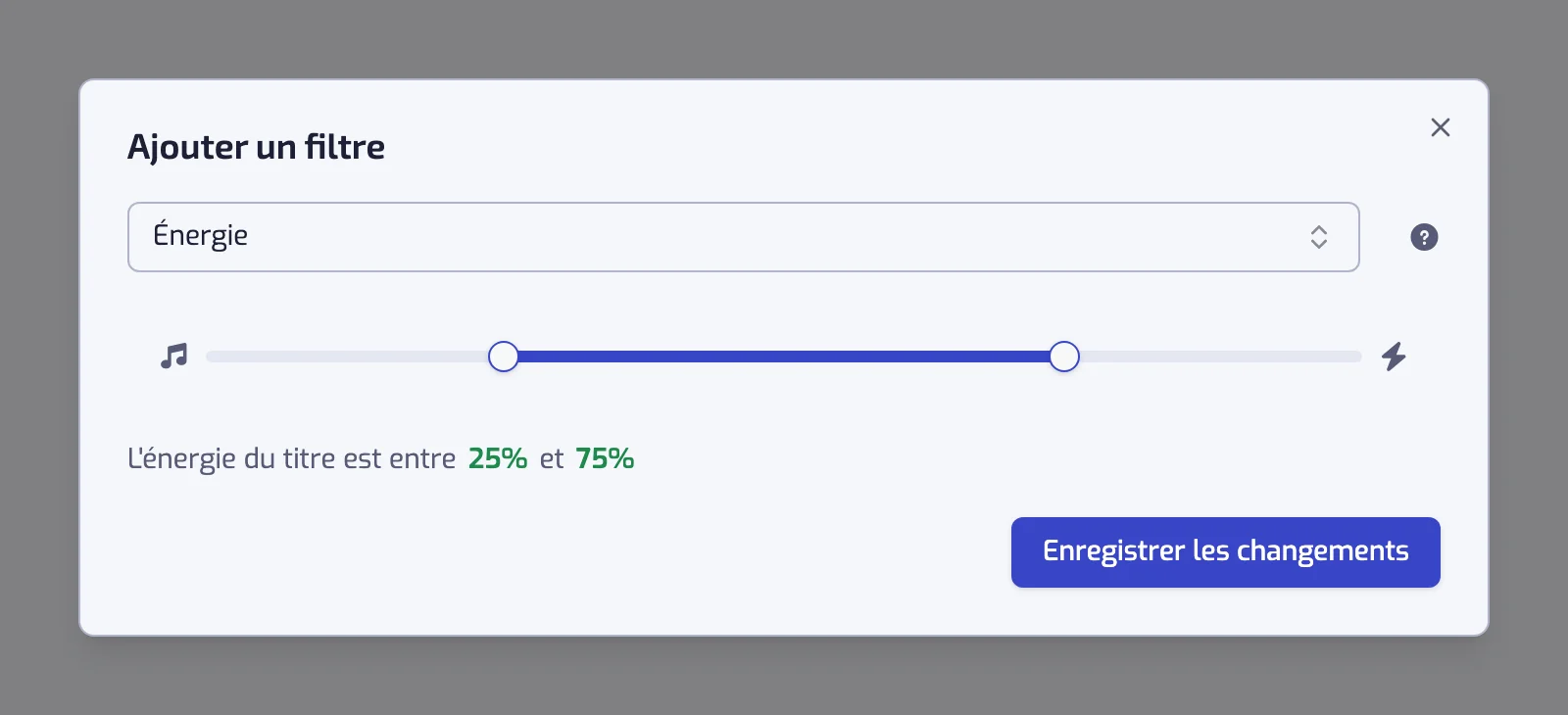 La boîte de dialogue du filtre Énergie avec son curseur à deux poignées et la phrase qu'il produit