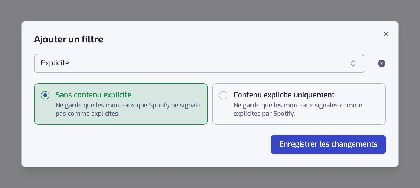 La boîte de dialogue du filtre Explicite avec les cartes Sans contenu explicite et Contenu explicite uniquement