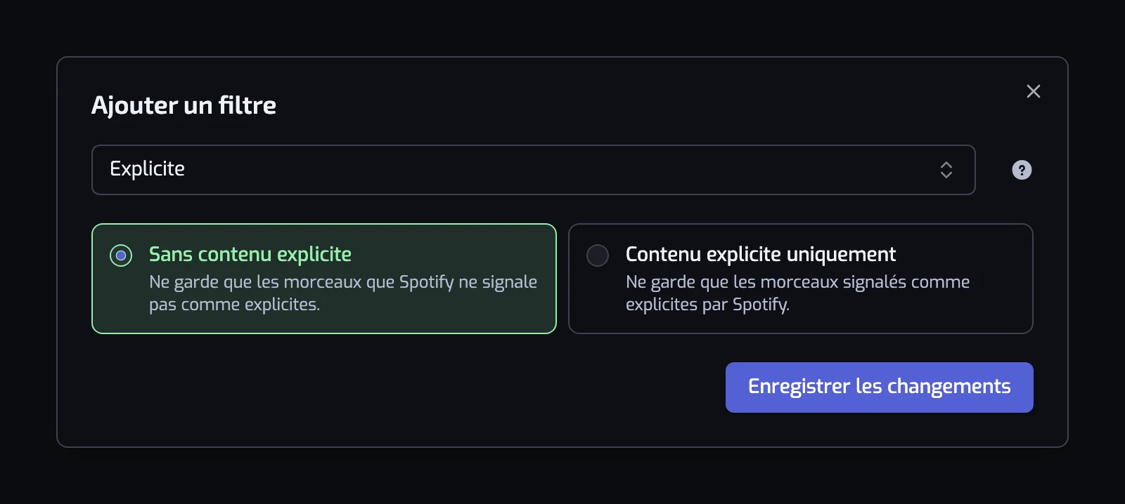 La boîte de dialogue du filtre Explicite avec les cartes Sans contenu explicite et Contenu explicite uniquement