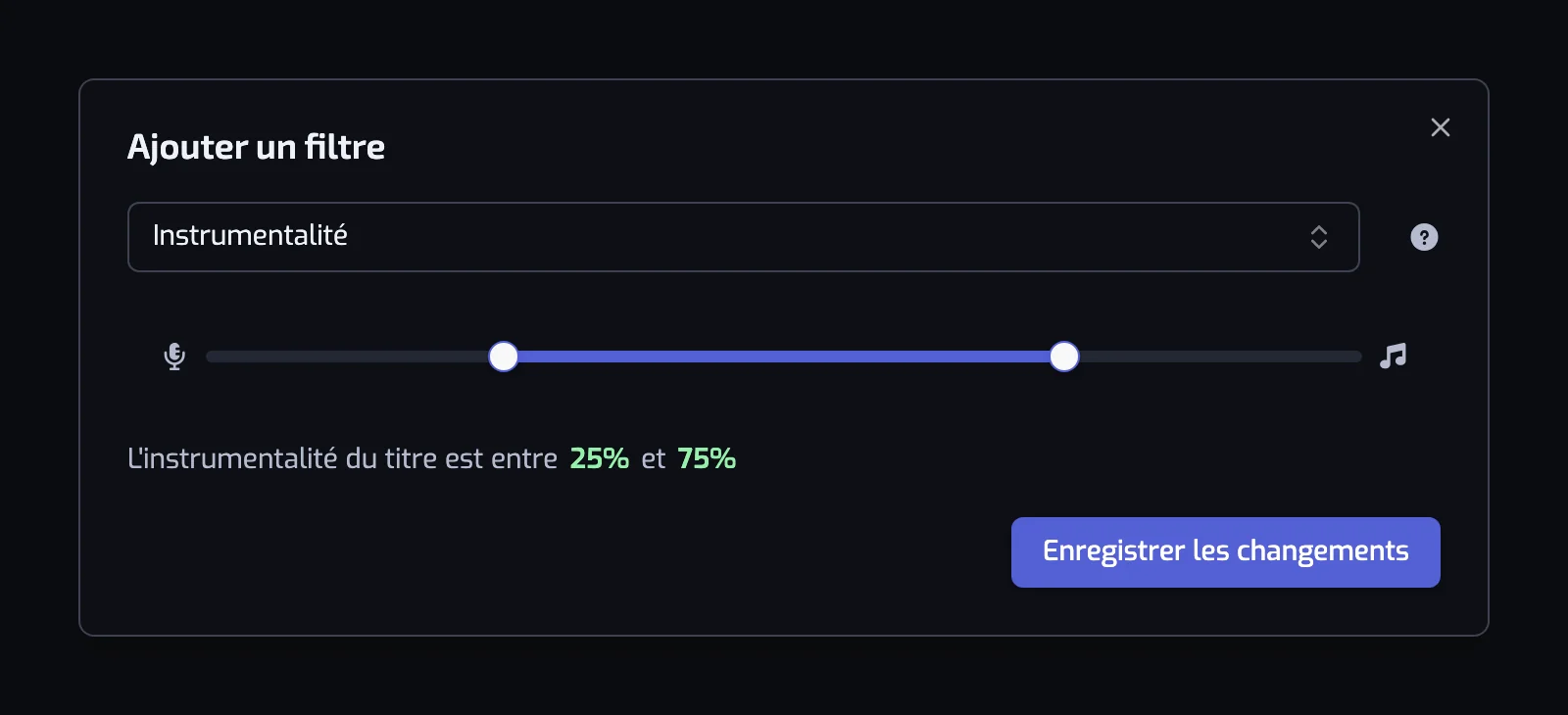 La boîte de dialogue du filtre Instrumentalité avec son curseur à deux poignées