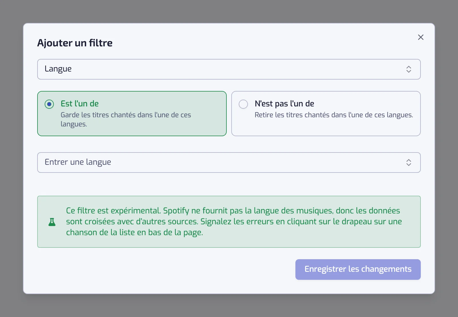 La boîte de dialogue du filtre Langue avec les deux cartes d'opérateur, le sélecteur de langue et l'avis expérimental