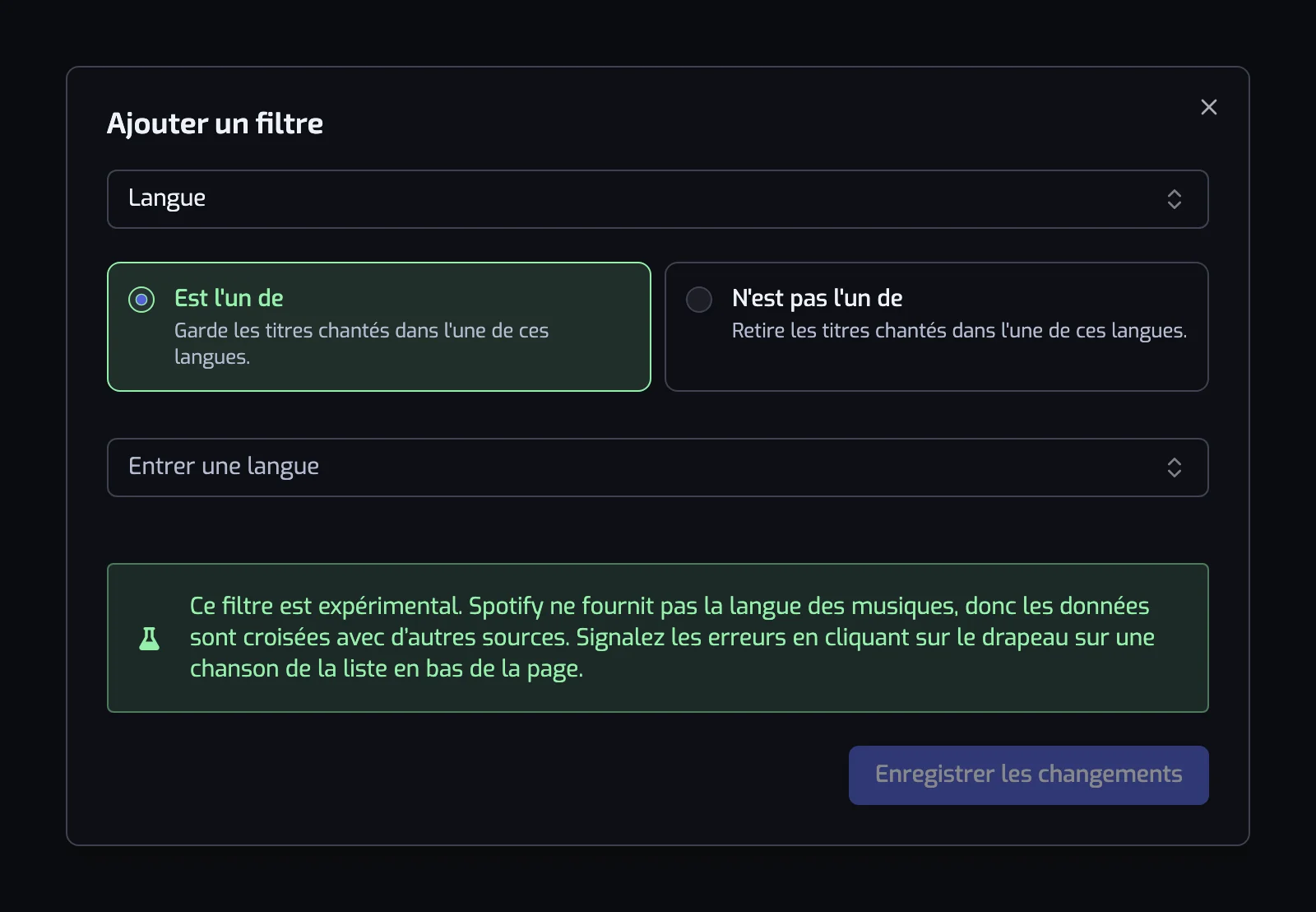 La boîte de dialogue du filtre Langue avec les deux cartes d'opérateur, le sélecteur de langue et l'avis expérimental