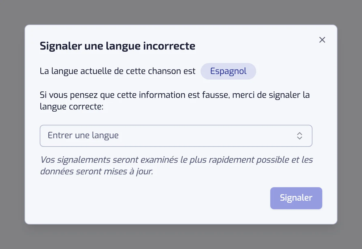 La boîte de dialogue Signaler une langue incorrecte, avec la langue actuelle et un sélecteur pour la bonne