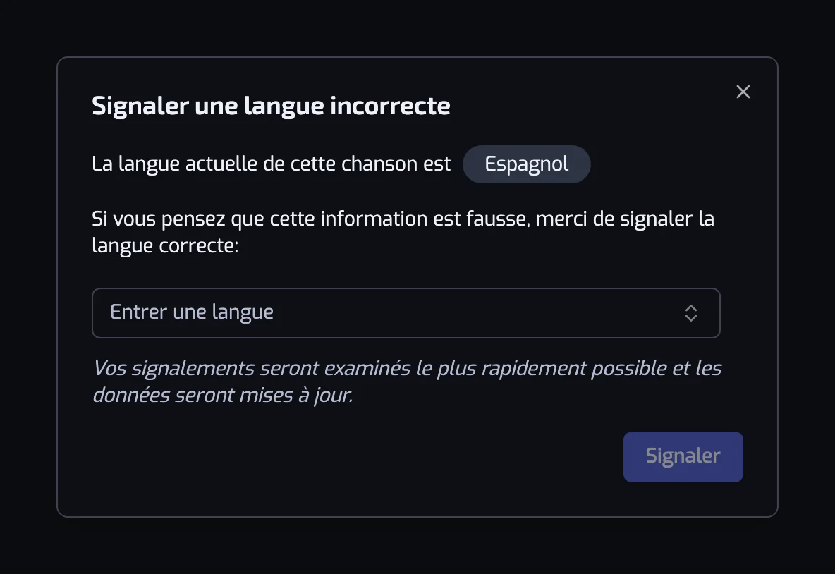 La boîte de dialogue Signaler une langue incorrecte, avec la langue actuelle et un sélecteur pour la bonne