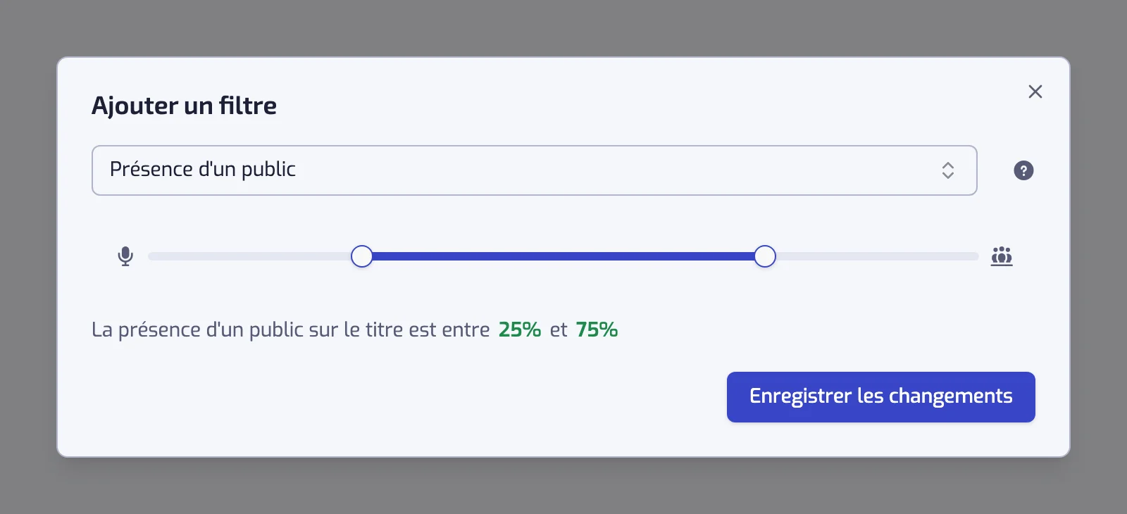 La boîte de dialogue du filtre Présence d'un public avec son curseur à deux poignées