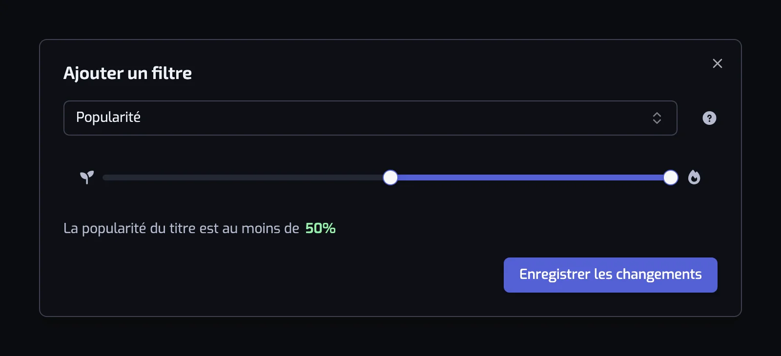 La boîte de dialogue du filtre Popularité avec son curseur à deux poignées et la phrase en dessous