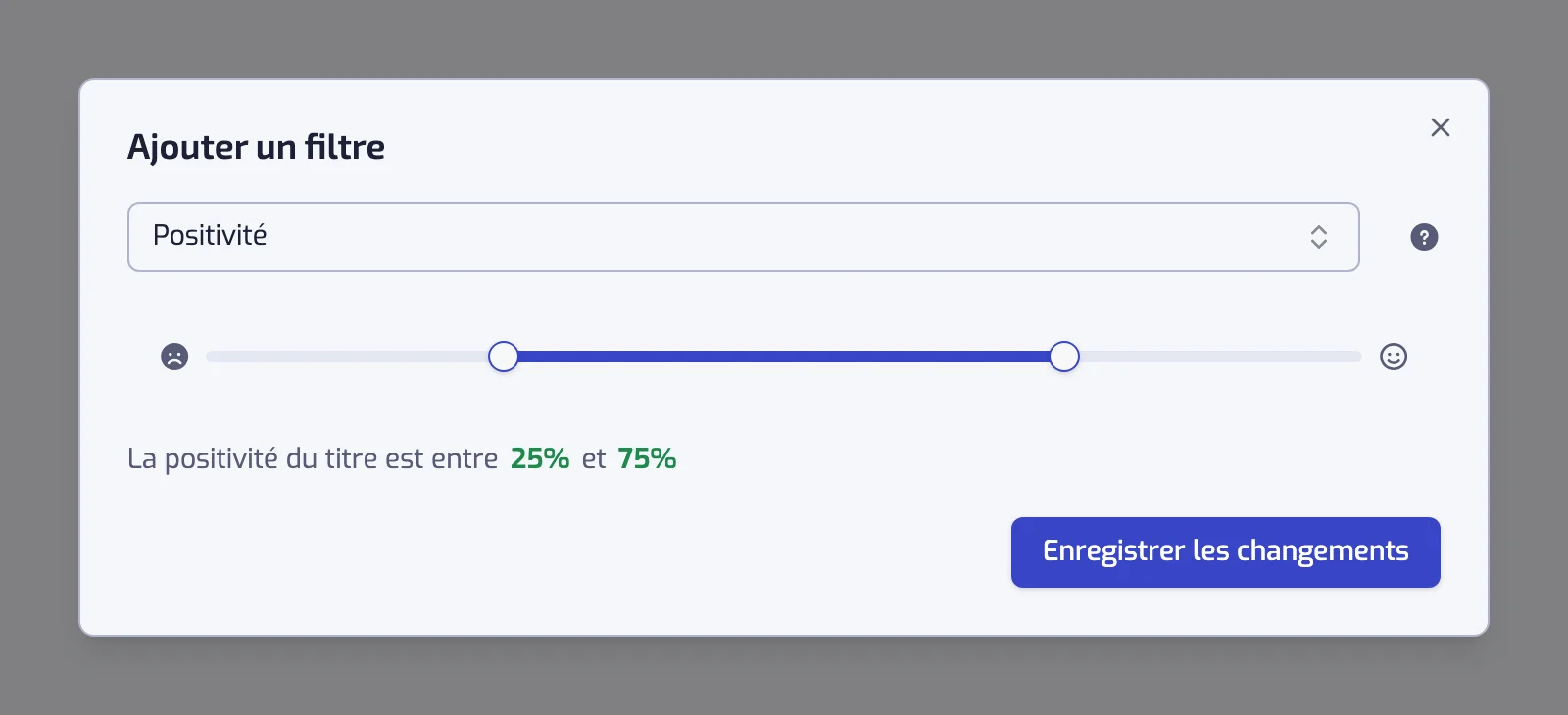 La boîte de dialogue du filtre Positivité avec son curseur à deux poignées
