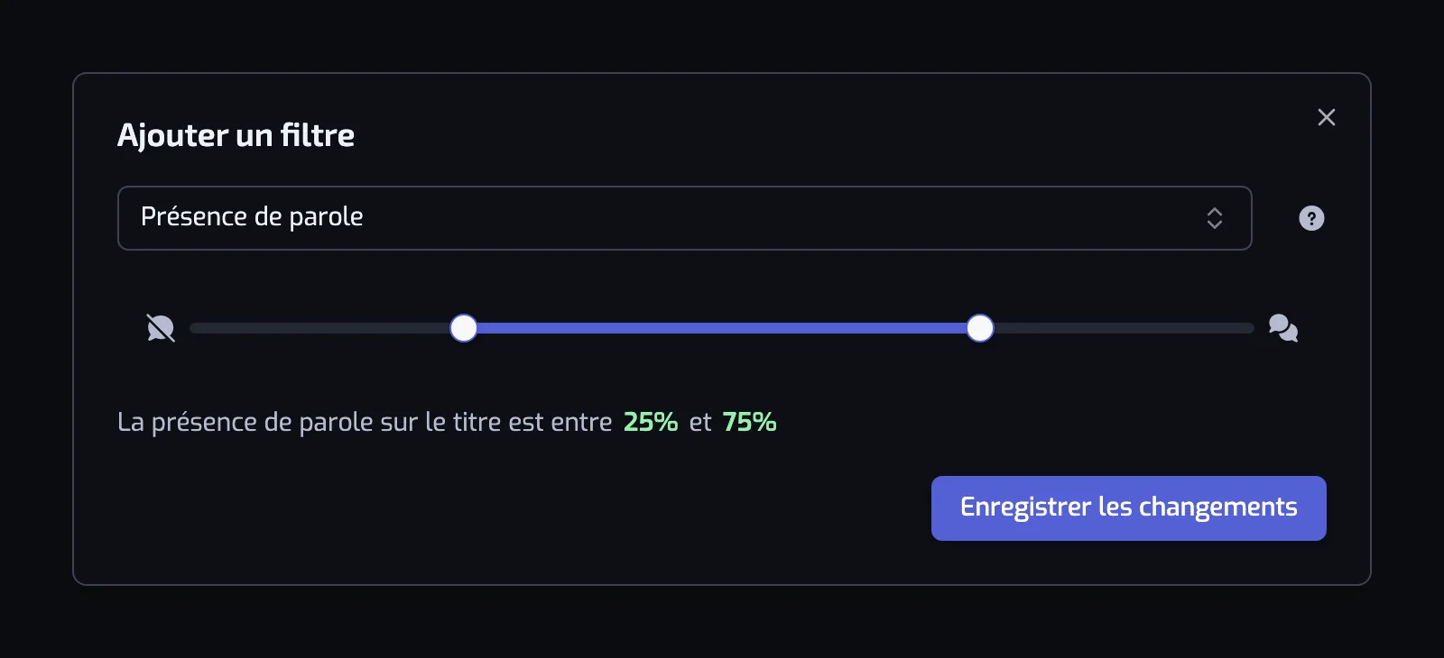 La boîte de dialogue du filtre Présence de parole avec son curseur à deux poignées