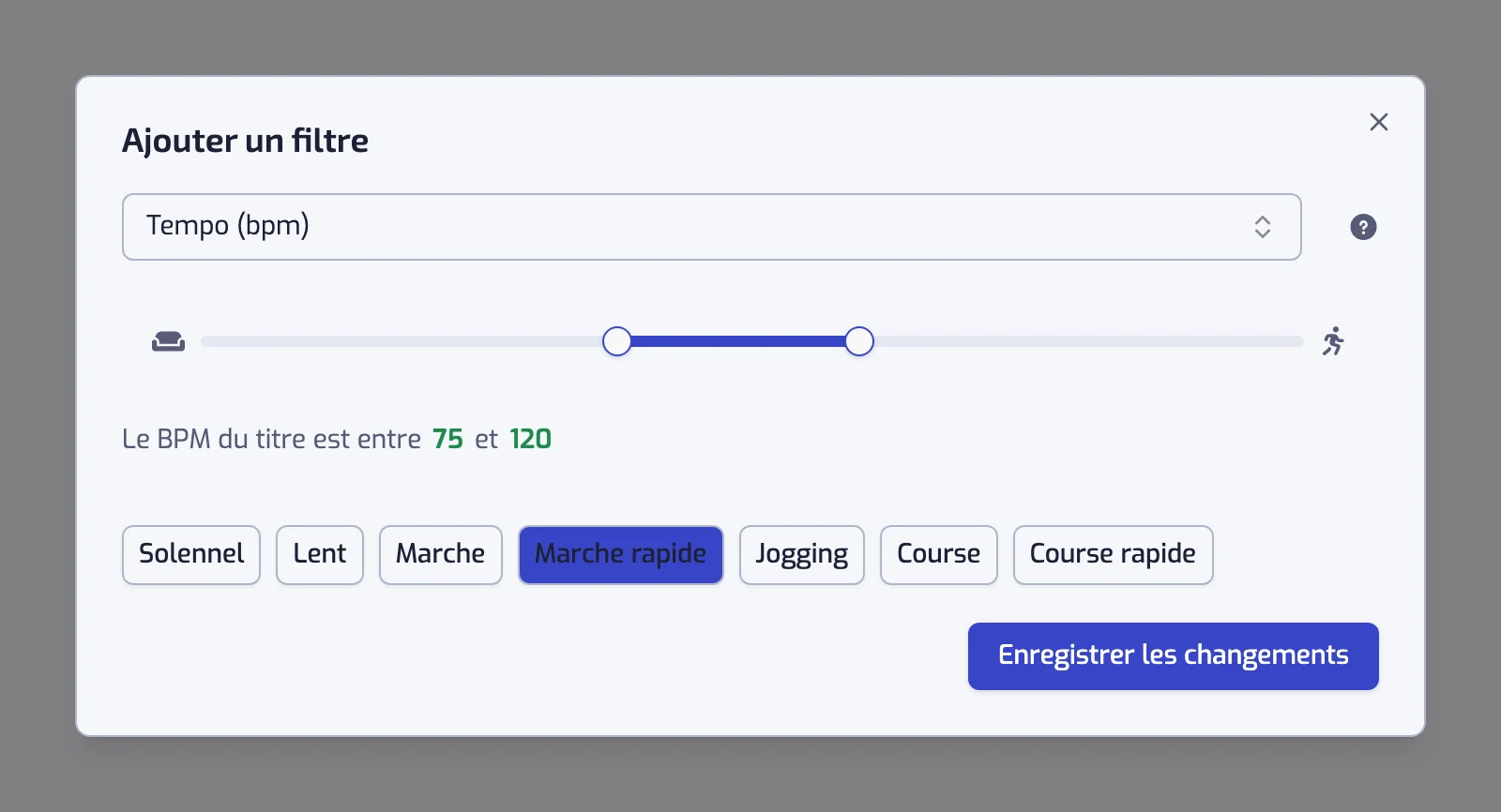 La boîte de dialogue du filtre Tempo avec son curseur et les sept boutons de préréglage, de Solennel à Course rapide