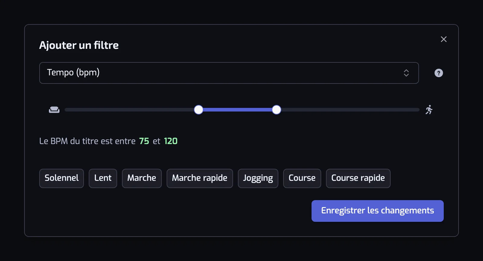 La boîte de dialogue du filtre Tempo avec son curseur et les sept boutons de préréglage, de Solennel à Course rapide
