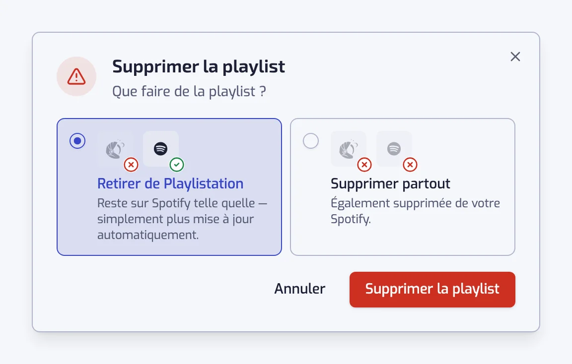 La boîte de dialogue Supprimer la playlist avec les deux choix, Retirer de Playlistation et Supprimer partout