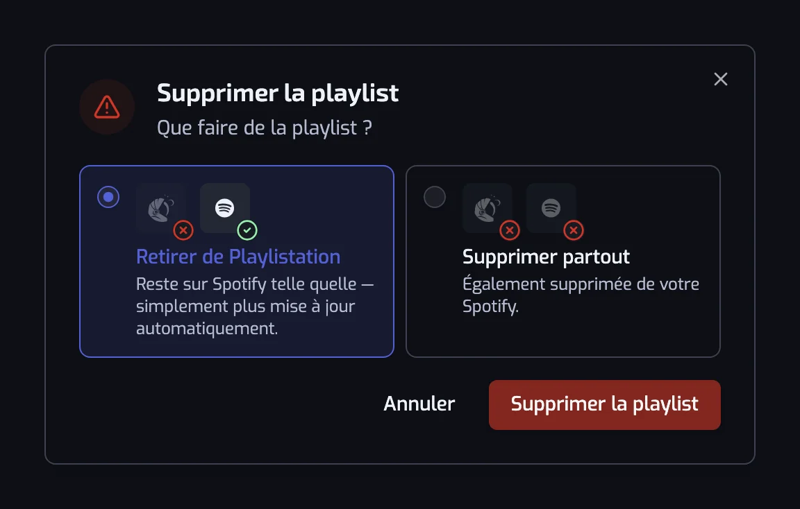 La boîte de dialogue Supprimer la playlist avec les deux choix, Retirer de Playlistation et Supprimer partout