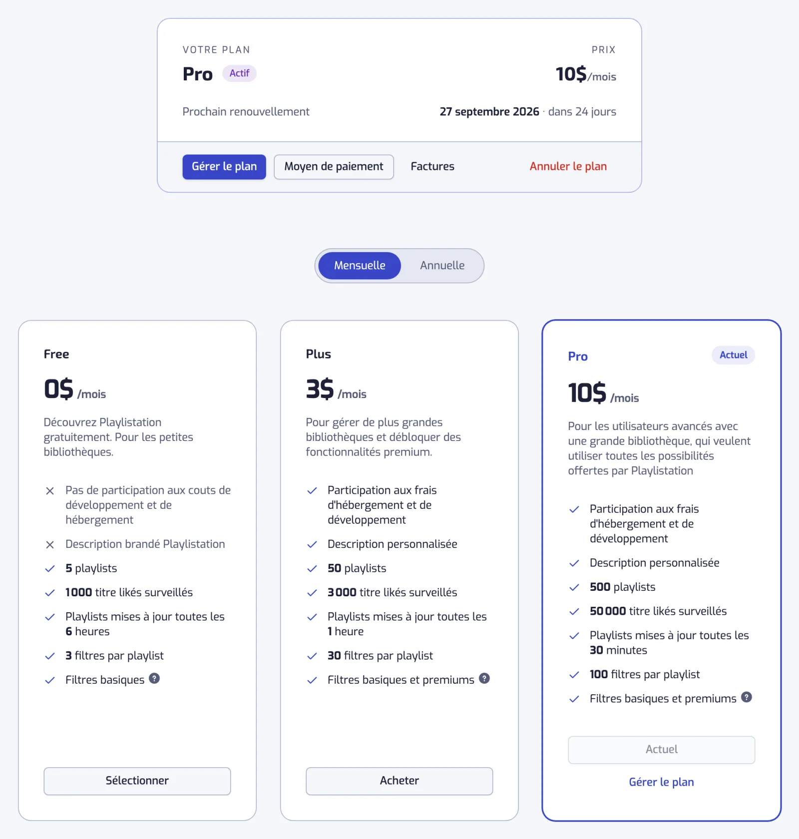 La page Abonnement avec le sélecteur Mensuelle et Annuelle et les cartes Free, Plus et Pro