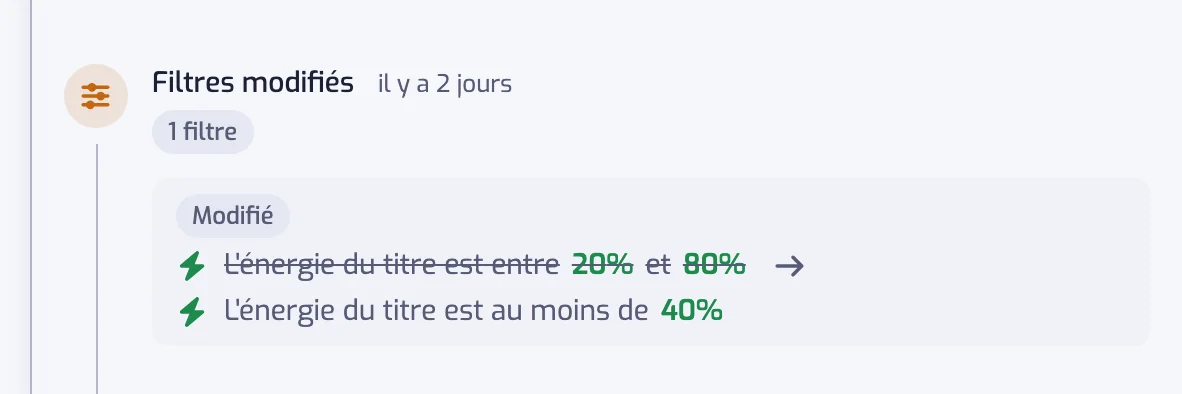 Une entrée Filtres modifiés montrant un filtre Énergie modifié, avec l'ancienne plage barrée et la nouvelle après une flèche