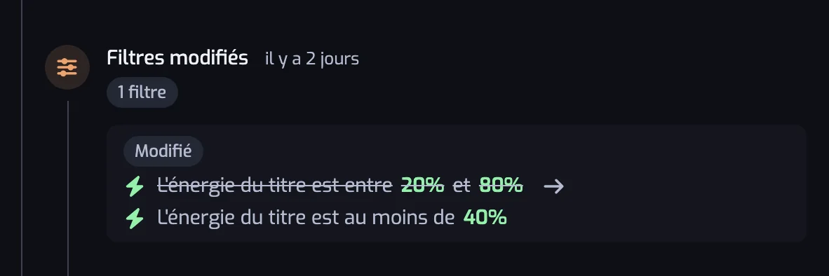 Une entrée Filtres modifiés montrant un filtre Énergie modifié, avec l'ancienne plage barrée et la nouvelle après une flèche