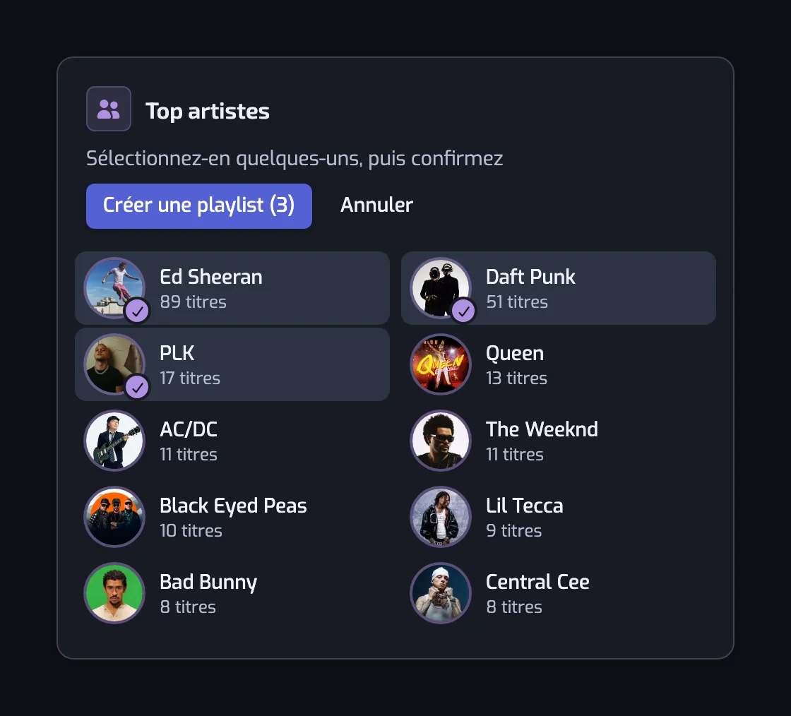 La carte Top artistes de la page Stats en mode sélection, avec trois artistes cochés et le bouton Créer une playlist (3)