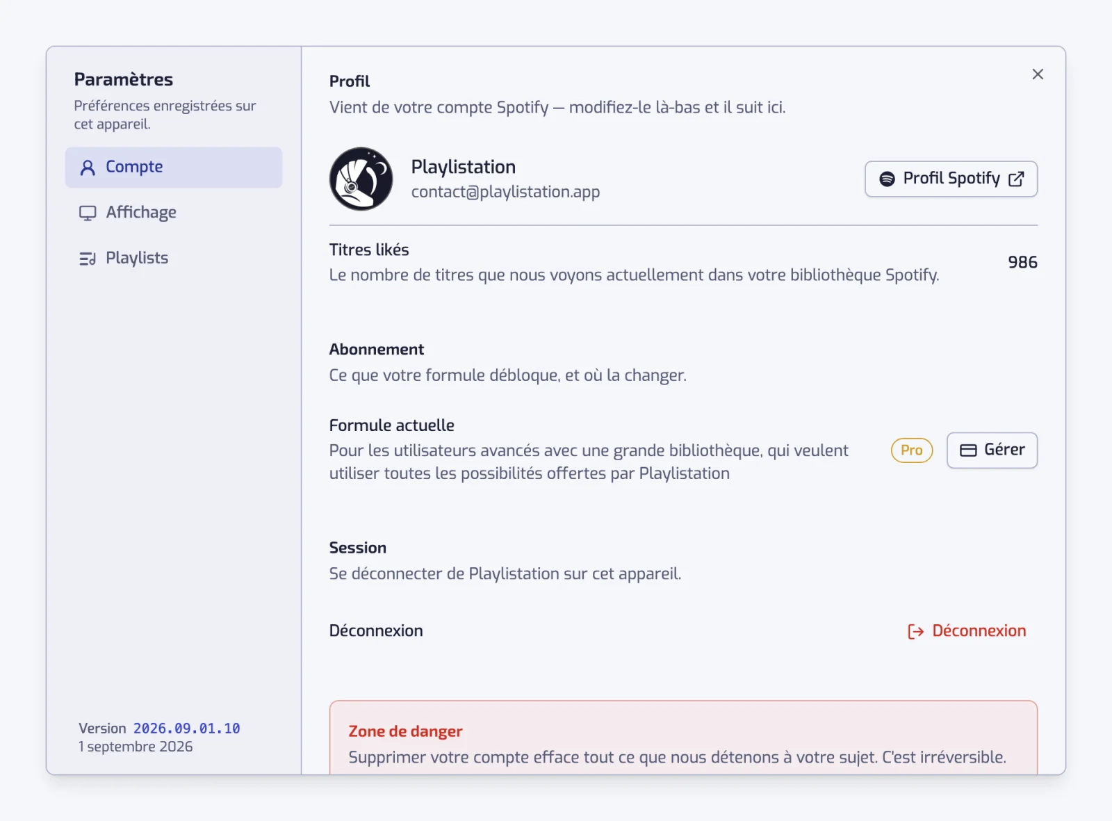 La boîte de dialogue des paramètres ouverte sur la section Compte, avec les sections Compte, Affichage et Playlists listées à gauche