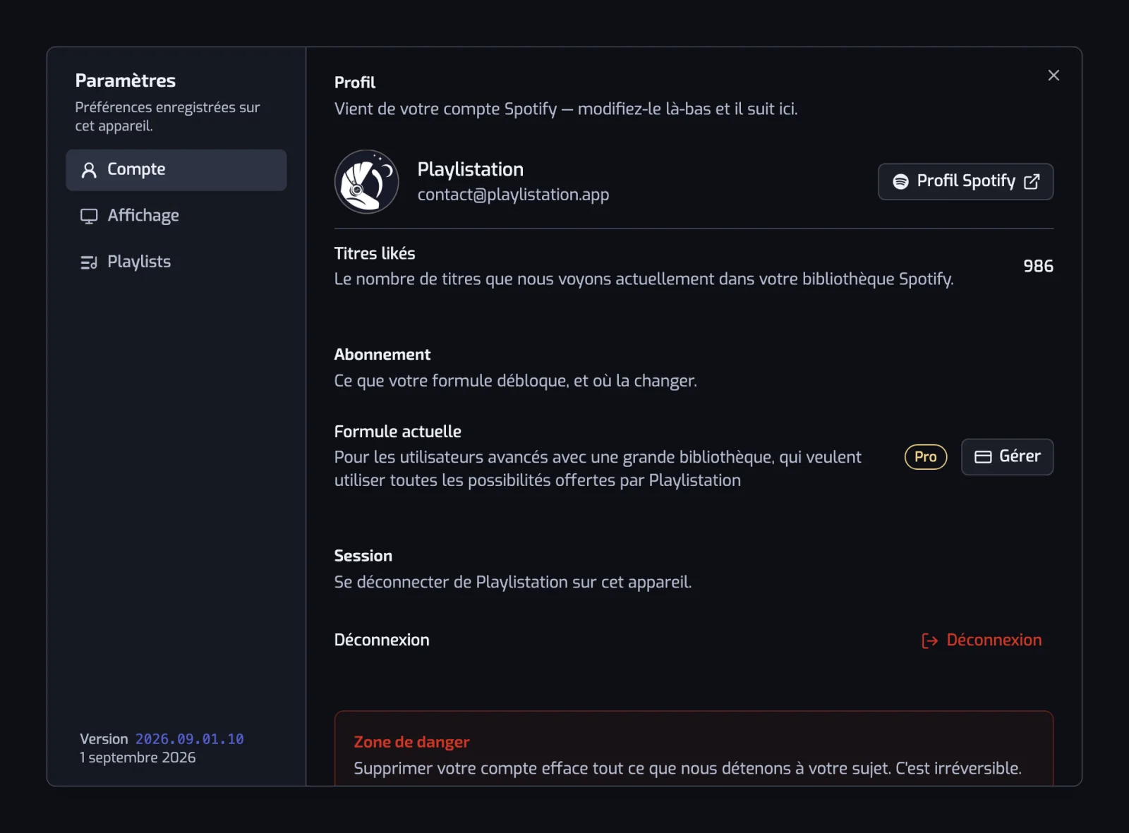 La boîte de dialogue des paramètres ouverte sur la section Compte, avec les sections Compte, Affichage et Playlists listées à gauche