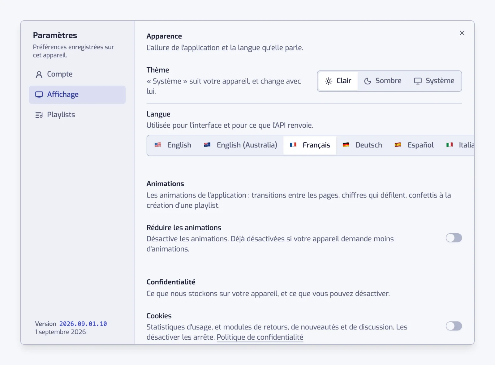 La section Affichage avec les contrôles segmentés Thème et Langue, l'interrupteur Réduire les animations et l'interrupteur Cookies sous Confidentialité