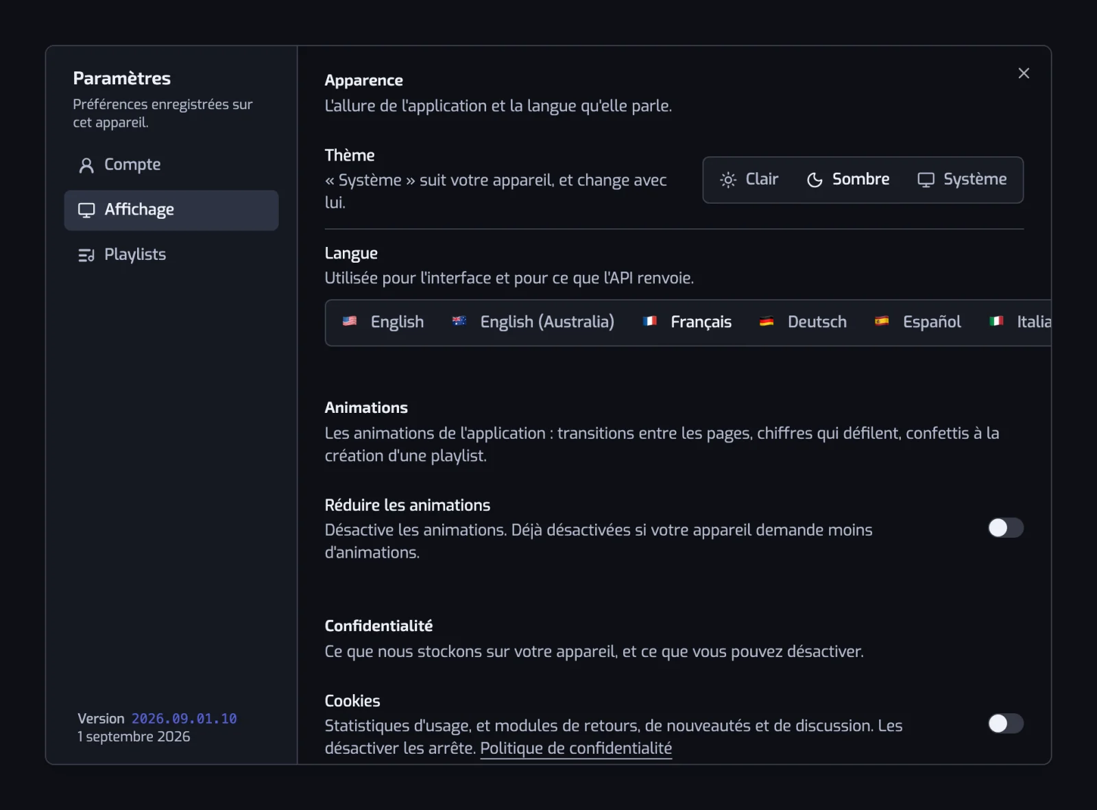 La section Affichage avec les contrôles segmentés Thème et Langue, l'interrupteur Réduire les animations et l'interrupteur Cookies sous Confidentialité