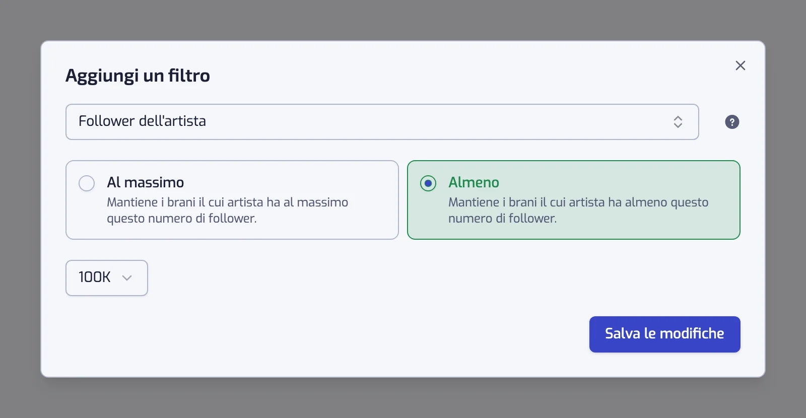 La finestra Aggiungi un filtro con la casella del tipo di filtro, le schede degli operatori e il controllo del valore