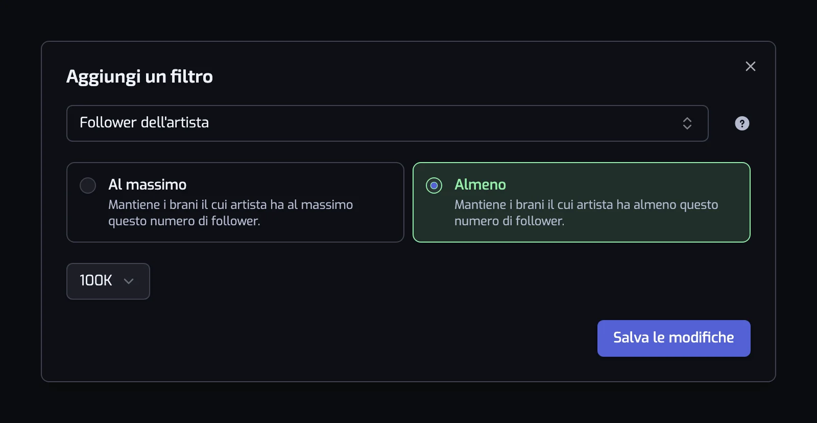 La finestra Aggiungi un filtro con la casella del tipo di filtro, le schede degli operatori e il controllo del valore