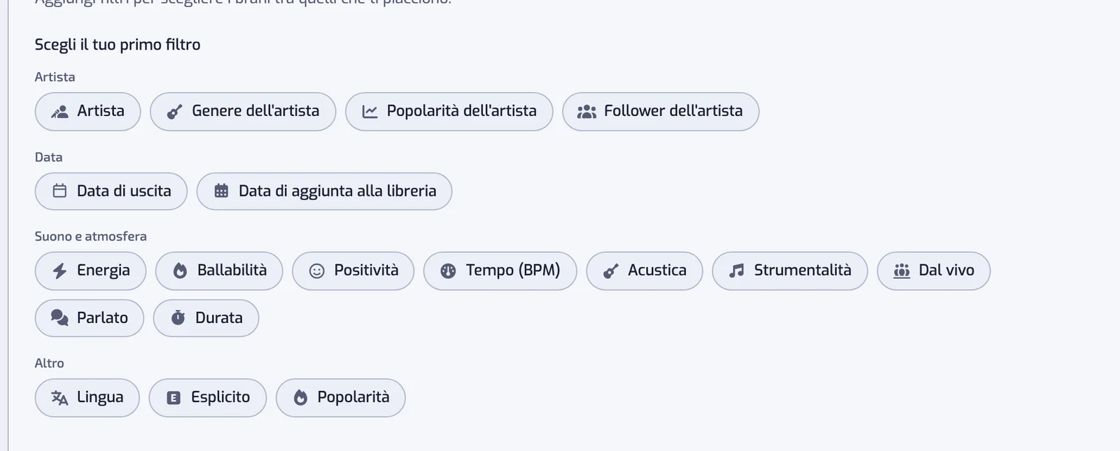 La pagina Nuova playlist con i tipi di filtro come pulsanti, raggruppati in Artista, Data, Suono e atmosfera e Altro