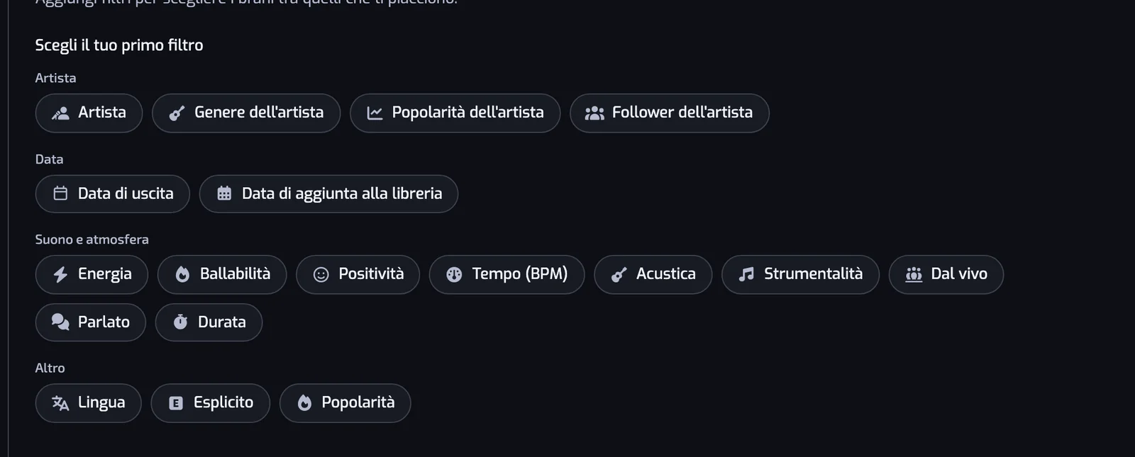 La pagina Nuova playlist con i tipi di filtro come pulsanti, raggruppati in Artista, Data, Suono e atmosfera e Altro