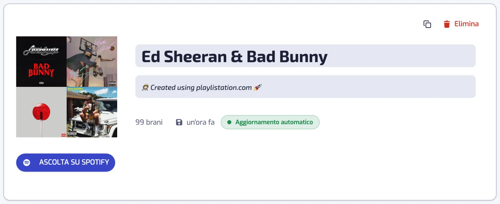 Una pagina di playlist: copertina, nome e descrizione modificabili, conteggio dei brani, stato di sincronizzazione e il pulsante ASCOLTA SU SPOTIFY