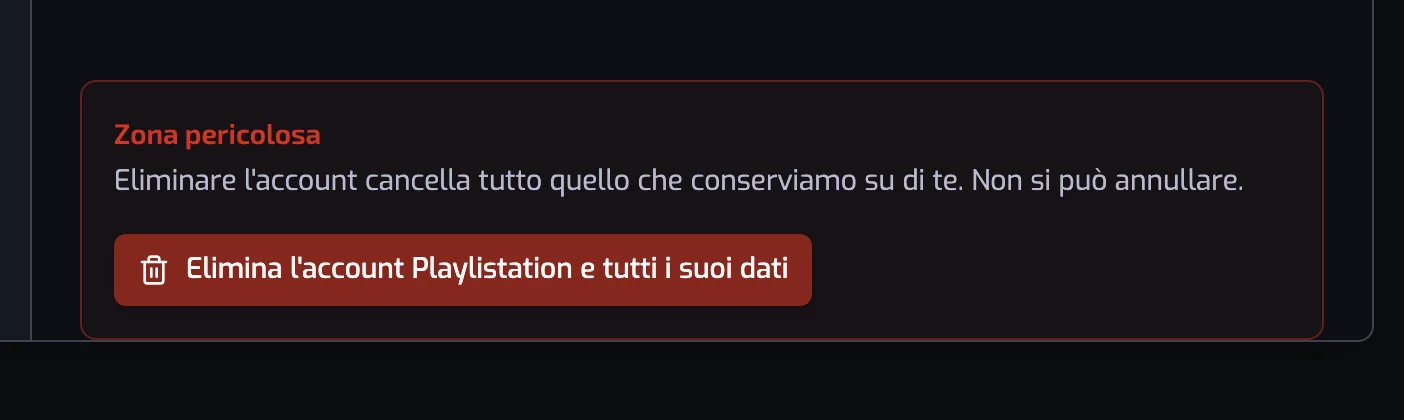 La Zona pericolosa in fondo alle impostazioni Account con il pulsante Elimina l'account Playlistation e tutti i suoi dati