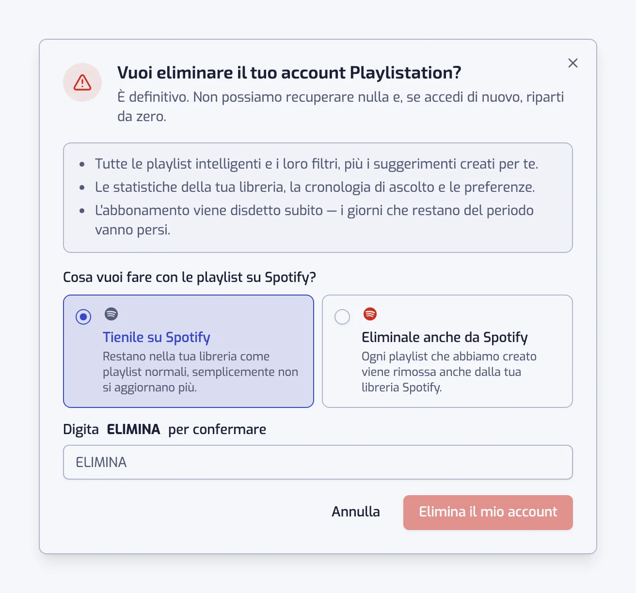 La finestra di eliminazione dell'account con le opzioni Tienile su Spotify ed Eliminale anche da Spotify e il campo di conferma