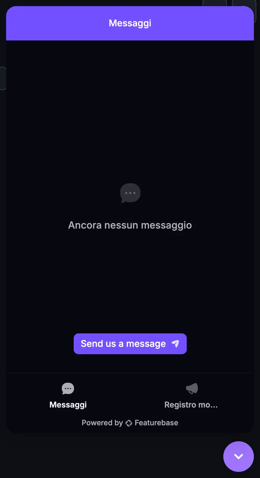 La bolla di chat nell'angolo in basso dell'app, con il pannello della conversazione aperto