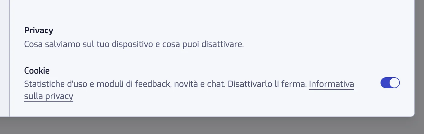 Il titolo Privacy nella sezione Visualizzazione delle impostazioni, con l'interruttore Cookie