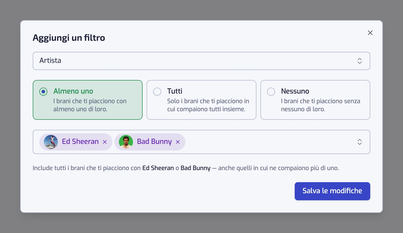 La finestra del filtro Artista con le schede Almeno uno, Tutti e Nessuno e due artisti selezionati