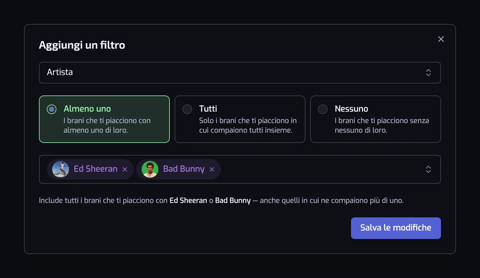 La finestra del filtro Artista con le schede Almeno uno, Tutti e Nessuno e due artisti selezionati