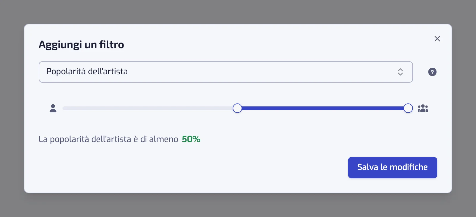 La finestra del filtro Popolarità dell'artista con il suo cursore a due maniglie impostato su 50 e 100