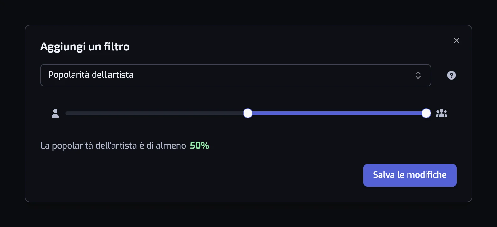 La finestra del filtro Popolarità dell'artista con il suo cursore a due maniglie impostato su 50 e 100