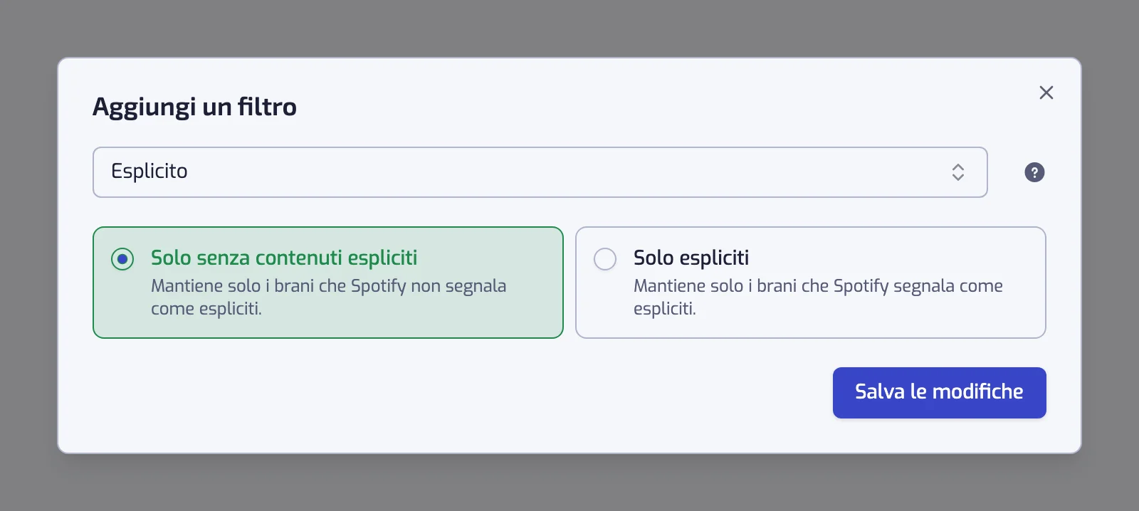 La finestra del filtro Esplicito con le schede Solo senza contenuti espliciti e Solo espliciti