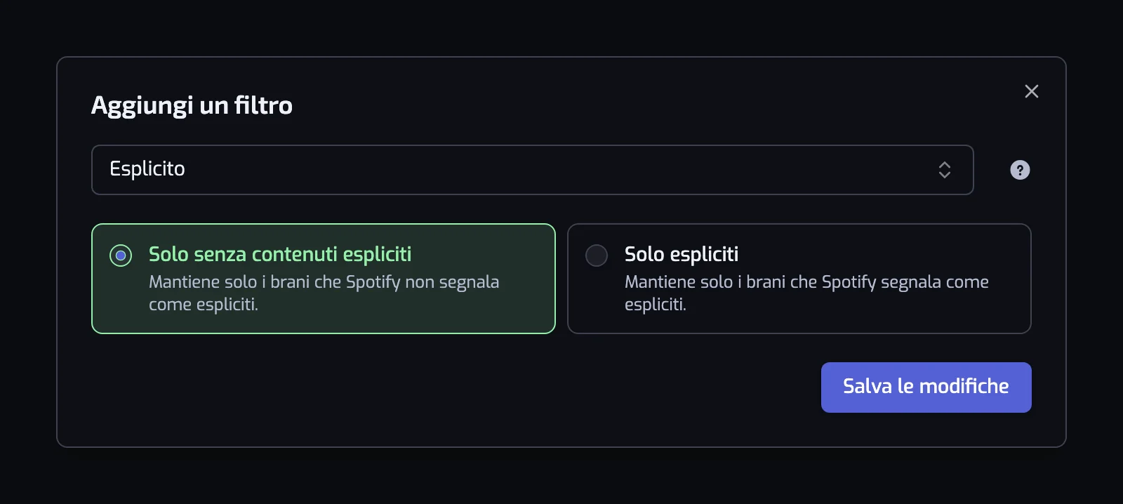 La finestra del filtro Esplicito con le schede Solo senza contenuti espliciti e Solo espliciti