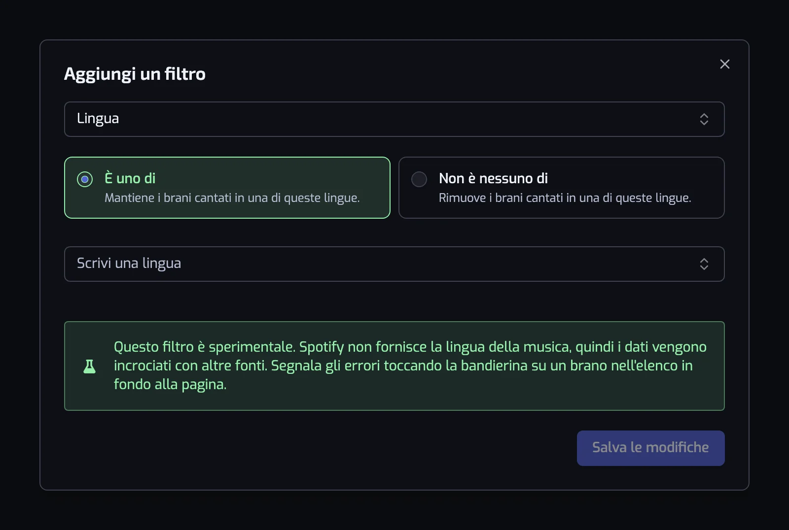 La finestra del filtro Lingua con le due schede degli operatori, il selettore di lingua e l'avviso sperimentale