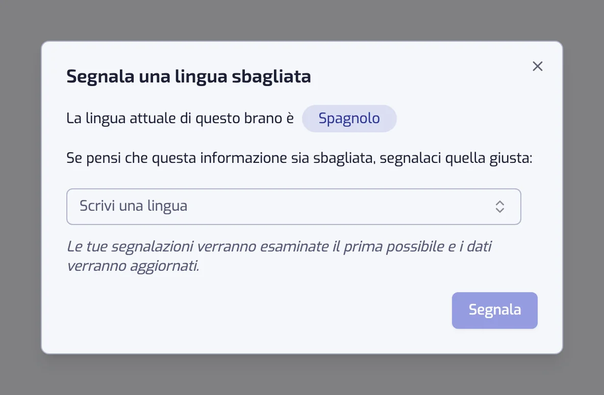 La finestra Segnala una lingua sbagliata, con la lingua attuale e un selettore per quella giusta