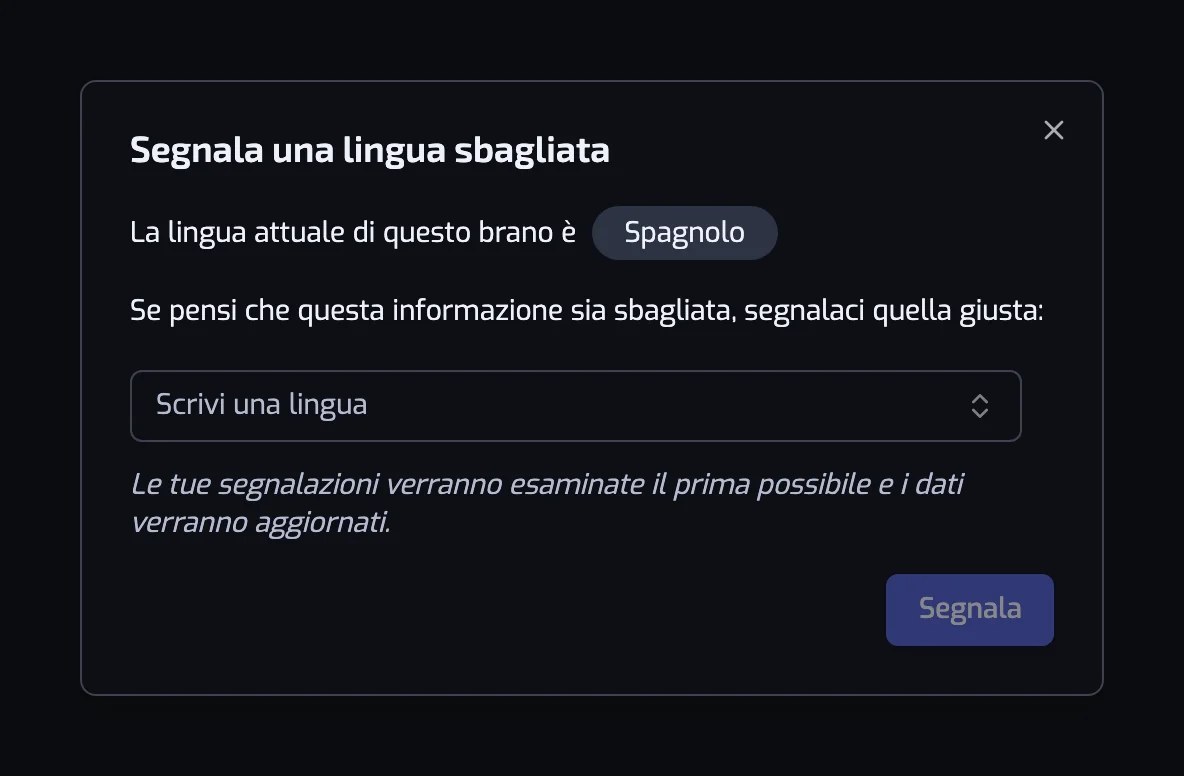 La finestra Segnala una lingua sbagliata, con la lingua attuale e un selettore per quella giusta