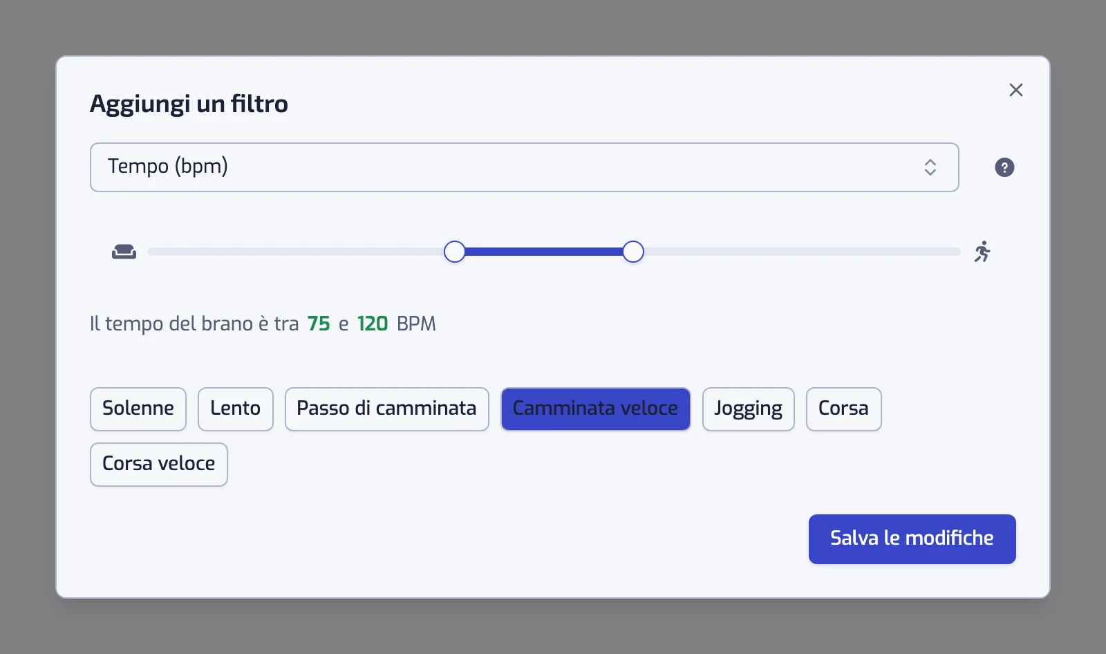 La finestra del filtro Tempo con il suo cursore e i sette pulsanti di preimpostazione da Solenne a Corsa veloce