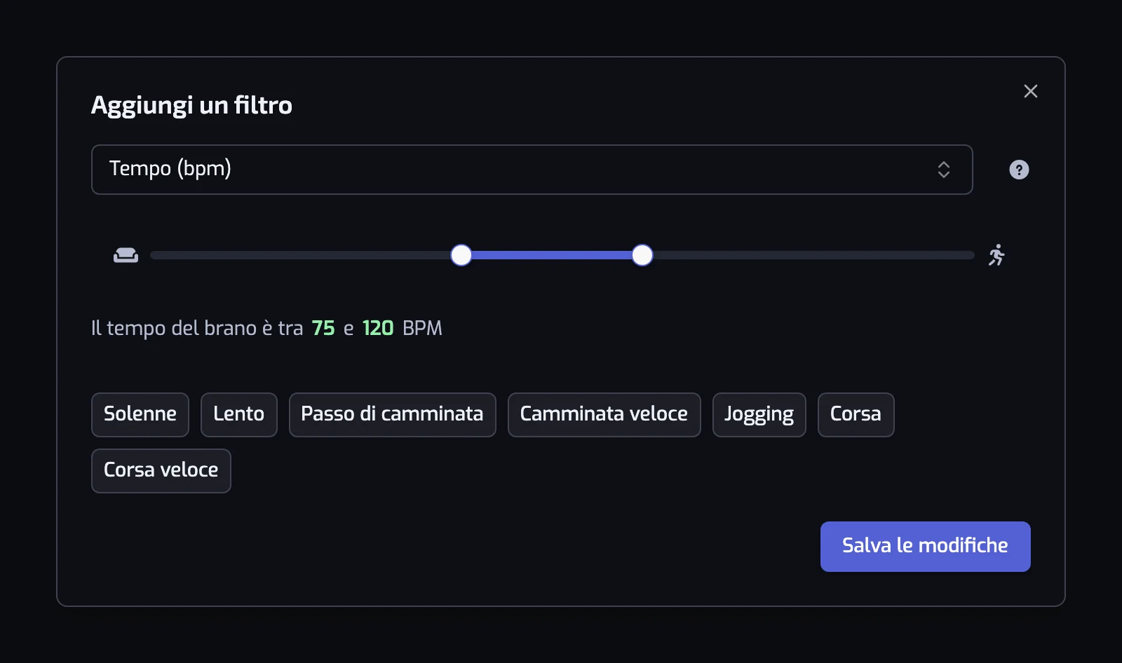 La finestra del filtro Tempo con il suo cursore e i sette pulsanti di preimpostazione da Solenne a Corsa veloce