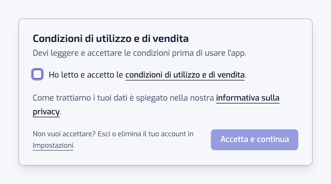 La finestra Condizioni di utilizzo e di vendita con la casella di accettazione, il link all'informativa sulla privacy e il pulsante Accetta e continua