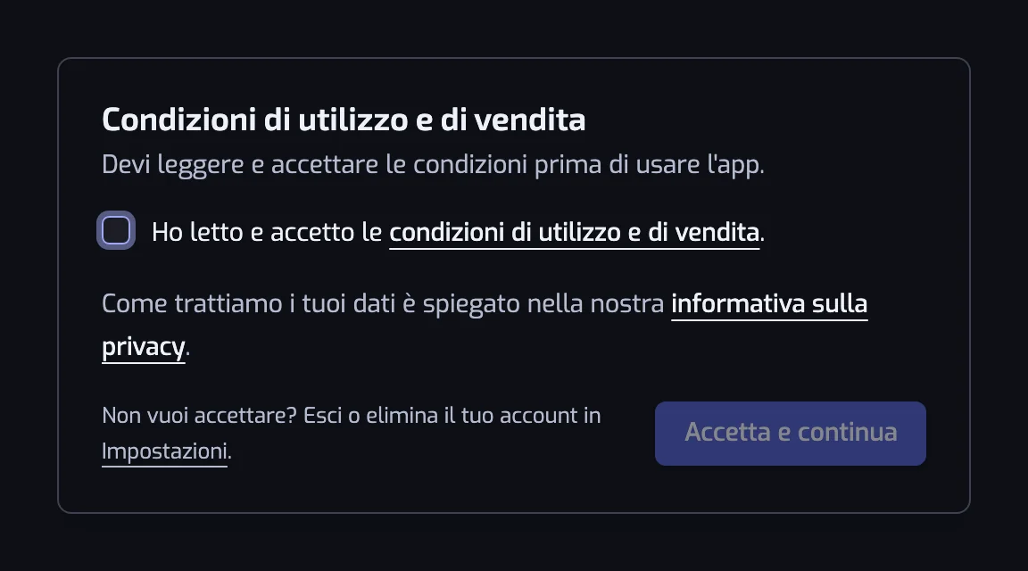 La finestra Condizioni di utilizzo e di vendita con la casella di accettazione, il link all'informativa sulla privacy e il pulsante Accetta e continua
